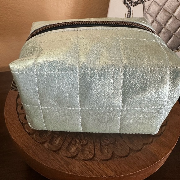 Cosmetic Pouch- Quilted Sea Green Vinyl and Colorful Cotton Interior Handcrafted - Picture 4 of 4